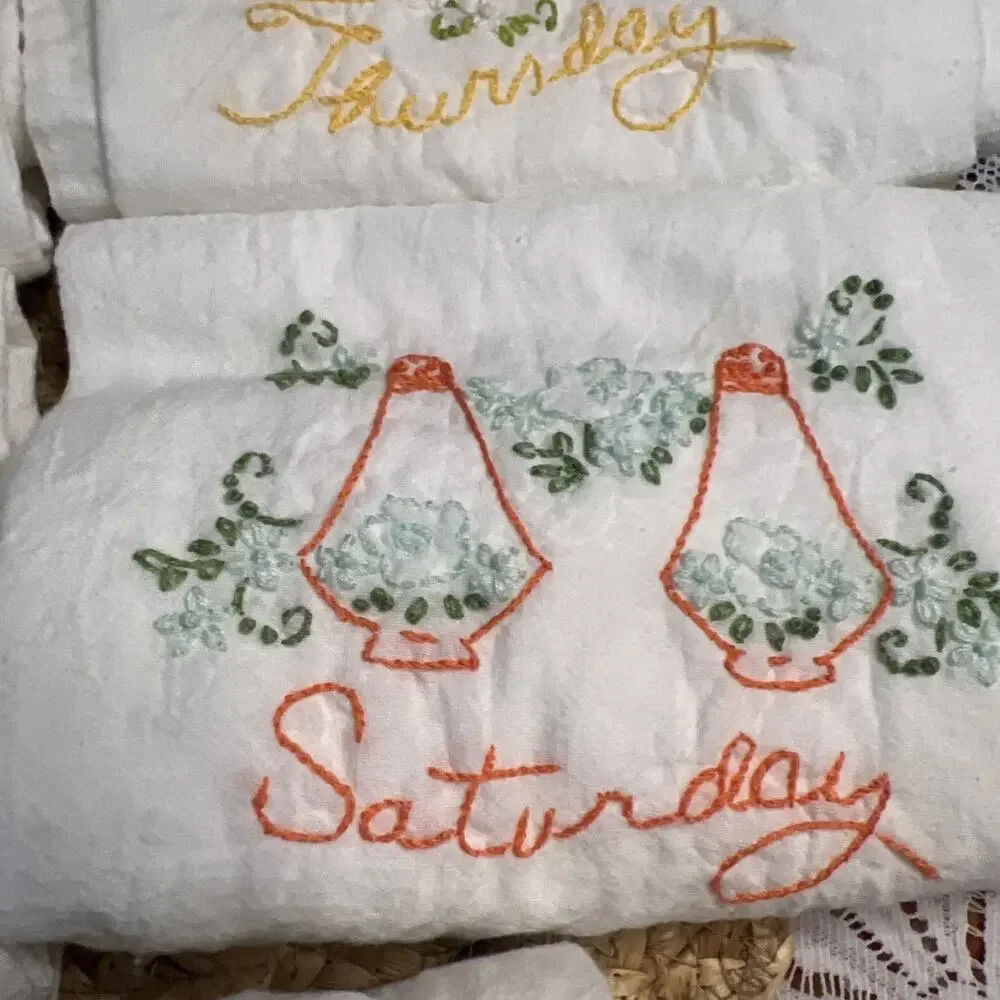 Vintage Lot of 7 Days of The Week Tea Cup Party Flour Sack Towels Dishes Teapot